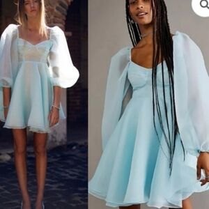 Selkie x Free People Misty Princess Dress Organza Puff Sleeve Mini Ice Blue